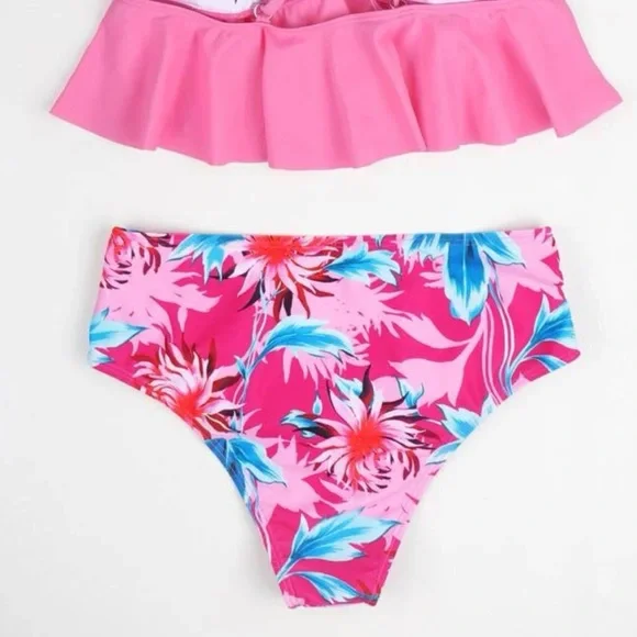 Boho ruffle tropical floral print bikini hot pink blue swim suit - Picture 2 of 2